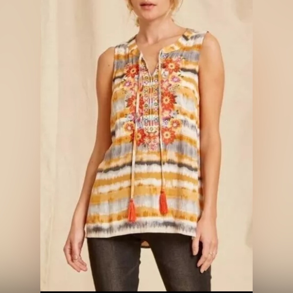 Savanna Jane Bella Tie Dye Striped Embroidered Floral Boho Hippie Top Large